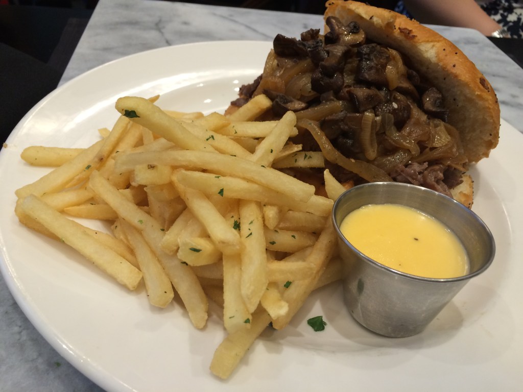 Philly Cheesesteak Burger with cheese sauce